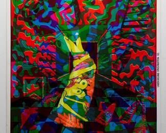 Overprint of "White Rabbit" by East Totem West, and "Under Construction Co." copyright 1968 by Celestial Arts No. 8, part of "The Overprints" made in the late 1960s/early 1970s by Joe McHugh, Nick Nickolds, and Sätty, screen-printed blacklight posters