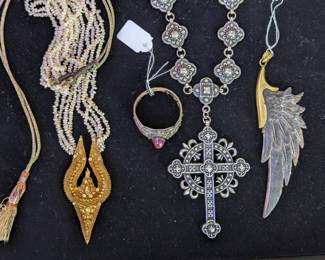 New unique jewelry treasures: late 19th/early 20th century high karat gold pendant and seed pearl necklace, silver + ruby adornment, heavy silver cross marked 925, rare wing shaped carved pendant likely made of horn