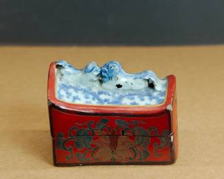 Antique Chinese blue + white and red porcelain box
