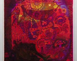 Overprint of "The Messenger" copyright 1967 Celestial Arts, part of "The Overprints" made in the late 1960s/early 1970s by Joe McHugh, Nick Nickolds, and Sätty, screen-printed blacklight posters