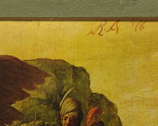 Top right of Robert Amft print "Balaam's Ass", c.1979, a satire of Rembrandt's "Balaam and the Donkey" at Museé Cognacq-Jay, Paris, signed RA '79