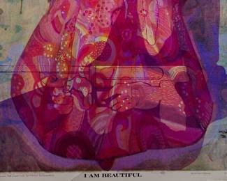 Detail of overprint of unnamed copyright 1971 by Celestial Arts CA76 and "I am Beautiful" copyright 1971 by Celestial Arts, CA98, part of "The Overprints" made in the late 1960's/early 1970s by Joe McHugh, Nick Nickolds, and Sätty, screen-printed blacklight posters