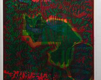 Overprint of "Cheshire Cat" East Totem West and "The Eternal Now" copyright 1968 by Celestial Arts No. 3, part of "The Overprints" made in the late 1960s/early 1970s by Joe McHugh, Nick Nickolds, and Sätty, screen-printed blacklight posters