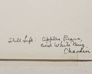 Detail of back, Robert Amft print of Jean-Baptiste-Siméon Chardin's "Still Life with Apples, Pears, and a White Mug" with Donald Duck