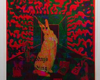 Overprint of "White Rabbit" by East Totem West, and "Top This" copyright 1970 by Celestial Arts CA37, part of "The Overprints" made in the late 1960s/early 1970s by Joe McHugh, Nick Nickolds, and Sätty, screen-printed blacklight posters