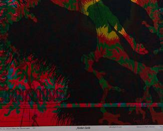 Detail of Overprint of "Cheshire Cat" copyright 1970 East Totem West and "Mother Earth" copyright 1969 Celestial Arts CA23, part of "The Overprints" made in the late 1960s/early 1970s by Joe McHugh, Nick Nickolds, and Sätty, screen-printed blacklight posters