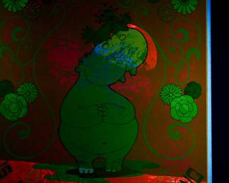 Shown under a blacklight, yet another overprint of "...Splendid Thing" copyright 1969 by Celestial Arts, CA46, screen-printed blacklight poster, reading "We are all passengers on this spaceship Earth. Love is a many splendid thing."