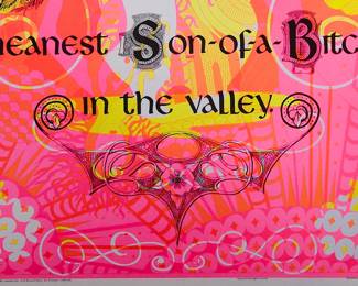 Detail of a colorful version of overprint "Yea, though I walk through the valley of the shadow of death I shall fear no evil: for I am the meanest Son-of-a-Bitch in the valley" copyright 1970 by Celestial Arts, CA605, screen-printed blacklight poster, part of "The Overprints" made in the late 1960's/early 1970s by Joe McHugh, Nick Nickolds, and Sätty