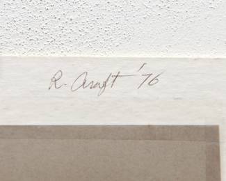 Signature detail of Robert Amft original of an angel wearing gold spectacles from Verrocchio and Da Vinci's "Annunciation", c. 1976