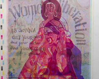 Overprint of unnamed copyright 1971 by Celestial Arts CA76 and "I am Beautiful" copyright 1971 by Celestial Arts, CA98, part of "The Overprints" made in the late 1960's/early 1970s by Joe McHugh, Nick Nickolds, and Sätty, screen-printed blacklight posters