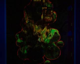 Shown under a blacklight, overprint of "She" copyright 1969 by Celestial Arts, CA33, and "I am Beautiful" copyright 1971 by Celestial Arts, CA98 screen-print blacklight poster