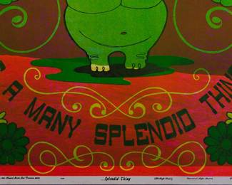 Detail of another overprint of "...Splendid Thing" copyright 1969 by Celestial Arts, 1945 Howard Street, San Francisco, 94103, CA46, screen-printed blacklight poster, reading "We are all passengers on this spaceship Earth. Love is a many splendid thing."