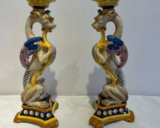 Side view of pair of Italian Faience Griffin candle holders, stamped 127 Italy on the bottom