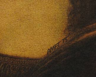 Signature detail of Robert Amft print of Leonardo Da Vinci's "Mona Lisa" drinking a martini, signed Amft '75 on her collar