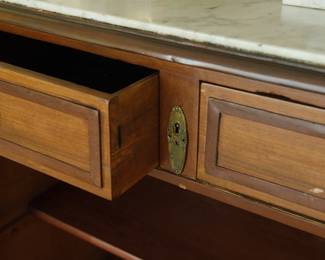 Drawer detail of gorgeous antique oak and marble top sideboard