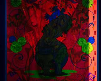 Shown under a blacklight, Overprint of "...Splendid Thing" , copyright 1969 by Celestial Arts, CA46 and "I am Beautiful" copyright 1971 by Celestial Arts, CA98, part of "The Overprints" made in the late 1960's/early 1970s by Joe McHugh, Nick Nickolds, and Sätty, screen-printed blacklight posters