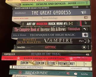 Book collection including: "Jewelry Making", "The New Jewelry Trends + Traditions", "Creative Bead Weaving", "Designs and Devices", Murder & Mayhem in Chicago's Vice Districts", "The Great Goddess", "Taoist Astrology", "The Art of Modern Rock Mini#1: A-Z", "The Complete Book of Incense, Oils, & Brews", "Techniques of High Magic", "Vampire", "Gothic", "Straight from the Heart", "Return of the Tribal", "Early American Advertising", "Duncan's Ritual of Freemasonry", "Mustang Milestones", "Rhinestones: A Collector's Handbook", "Renaissance", and "Gothic Art: Glorious Visions"