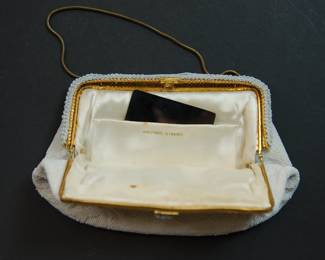 Interior detail of vintage beaded purse/handbag with with brass chain and clasp, handmade in France