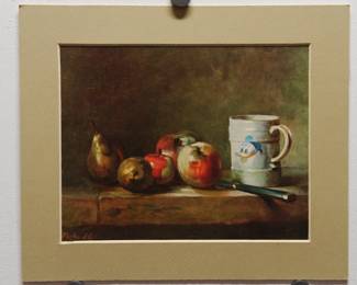 Robert Amft print of Jean-Baptiste-Siméon Chardin's "Still Life with Apples, Pears, and a White Mug" with Donald Duck