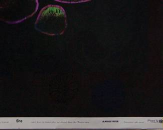 Detail of overprint of "She" copyright 1969 by Celestial Arts, CA33, and "I am Beautiful" copyright 1971 by Celestial Arts, CA98 screen-print blacklight poster