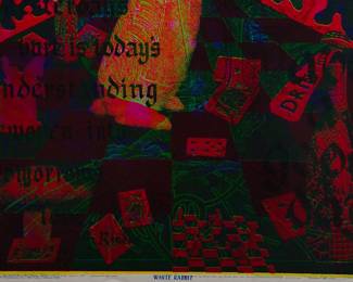 Detail of Overprint of "White Rabbit" by East Totem West and "Top This" copyright 1970 by Celestial Arts, CA37, part of "The Overprints" made in the late 1960s/early 1970s by Joe McHugh, Nick Nickolds, and Sätty, screen-printed blacklight posters