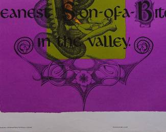 Detail of overprint of lounging lady copyright 1970 Celestial Arts CA and "Yea, though I walk through the valley of the shadow of death I shall fear no evil: for I am the meanest Son-of-a-Bitch in the valley" copyright 1970 by Celestial Arts CA605, screen-printed blacklight poster, part of "The Overprints" made in the late 1960's/early 1970s by Joe McHugh, Nick Nickolds, and Sätty