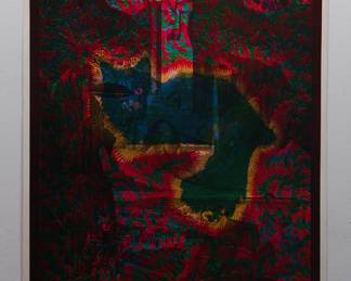 Overprint of "Cheshire Cat" East Totem West and "Moment" copyright 1969 by Celestial Arts CA59, part of "The Overprints" made in the late 1960s/early 1970s by Joe McHugh, Nick Nickolds, and Sätty, screen-printed blacklight posters