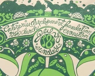 Top detail of numbered edition of Rikki McRae Evanston 04 poster, by Delicious Design League, for Evanston Community Development Foundation, made in 07/2004, print 22/50