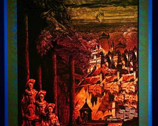 Shown under a blacklight, overprint of "Cheshire Cat" East Totem West and "Nightbreak" copyright 1970 by Celestial Arts CA60, part of "The Overprints" made in the late 1960s/early 1970s by Joe McHugh, Nick Nickolds, and Sätty, screen-printed blacklight posters