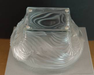 Another view of the Large Lalique, France, Hutan pattern bowl in its original box