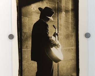 Signed Peter Amft black + white silver gelatin photograph of silhouetted guitarist, Peter Amft Photography Chicago, Numbered edition 1/100