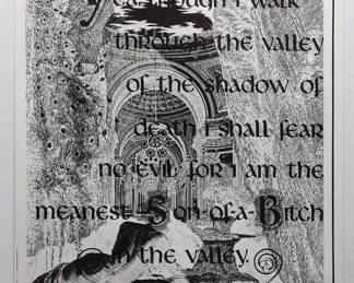 A different overprint of black and white "Yea, though I walk through the valley of the shadow of death I shall fear no evil: for I am the meanest Son-of-a-Bitch in the valley" copyright 1970 by Celestial Arts, CA605, screen-printed blacklight poster, part of "The Overprints" made in the late 1960's/early 1970s by Joe McHugh, Nick Nickolds, and Sätty