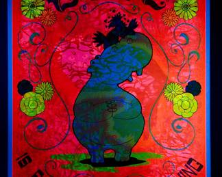 Shown under a blacklight, overprint of "...Splendid Thing" copyright 1969 by Celestial Arts, CA46 and "Chesire Cat" East Totem West, part of "The Overprints" made in the late 1960s/early 1970s by Joe McHugh, Nick Nickolds, and Sätty, screen-printed blacklight posters