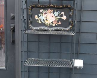 Cast iron floral bakers racks and vintage tole metal tray