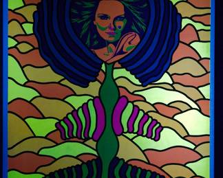 Shown under a blacklight, overprint of "Love Flower" copyright 1969 by Celestial Arts, CA38, screen-printed blacklight poster, part of "The Overprints" made in the late 1960's/early 1970s by Joe McHugh, Nick Nickolds, and Sätty