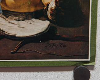 Signature detail of Robert Amft print of Manfredi's "Cupid Chastised" in hot pink sunglasses