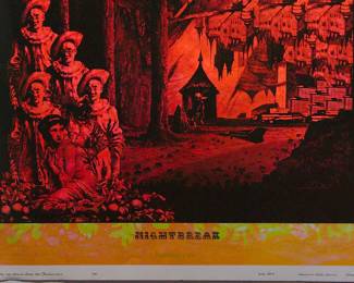 Detail of overprint of "Cheshire Cat" East Totem West and "Nightbreak" copyright 1970 by Celestial Arts CA60, part of "The Overprints" made in the late 1960s/early 1970s by Joe McHugh, Nick Nickolds, and Sätty, screen-printed blacklight posters