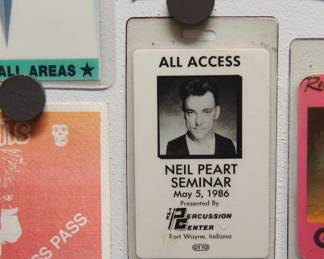 All Access Pass, Neil Peart Seminar, May 5, 1986, Fort Wayne, Indiana, detail of collection of 1980s/1990s backstage concert passes