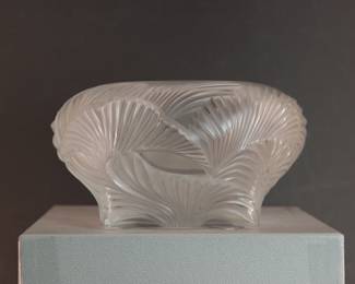 Another view of the Large Lalique, France, Hutan pattern bowl in its original box