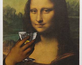Robert Amft print of Leonardo Da Vinci's "Mona Lisa" drinking a martini, signed Amft '75 on her collar