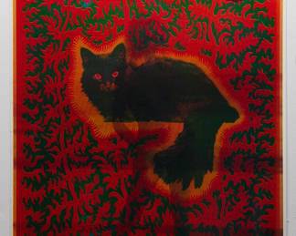 Overprint of "Cheshire Cat" East Totem West and "Glamorous Sandy" Celestial Arts, part of "The Overprints" made in the late 1960s/early 1970s by Joe McHugh, Nick Nickolds, and Sätty, screen-printed blacklight posters