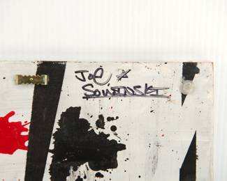 Signature detail of original art/painting on wood, signed Joe Sowinski on the back