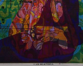 Detail of overprint of "I am Beautiful" copyright 1971 by Celestial Arts, CA98, part of "The Overprints" made in the late 1960's/early 1970s by Joe McHugh, Nick Nickolds, and Sätty, screen-printed blacklight posters