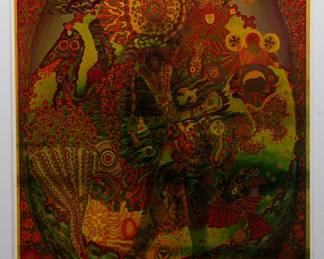 Overprint of "Pipe Dreams" copyright East Totem West and "Glamorous Sandy" by Celestial Arts part of "The Overprints" made in the late 1960s/early 1970s by Joe McHugh, Nick Nickolds, and Sätty, screen-printed blacklight posters