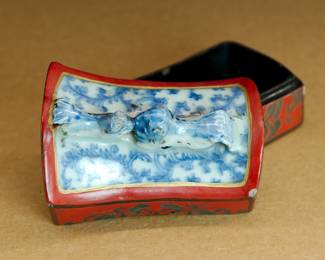 Top of antique Chinese blue + white and red porcelain box