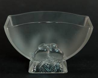 Back view of signed Veralys Lovebird frosted glass vase