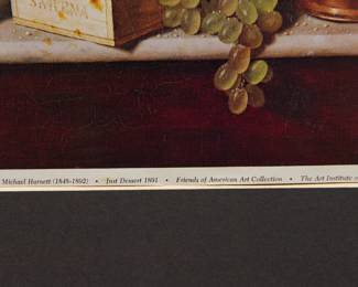 Detail of Robert Amft lithograph print of William Michael Harnett's "Just Dessert" featuring a pack of cigarettes, signed RA '76 at bottom right, from the The Art Institute of Chicago