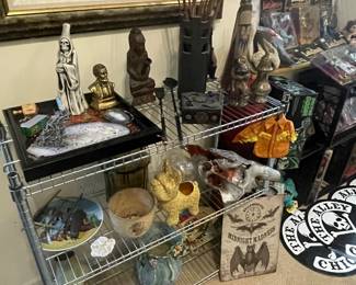 Display rack full of eclectic home decor