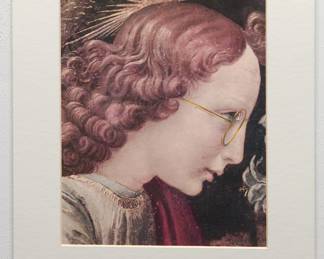 Signed Robert Amft original of an angel wearing gold spectacles from Verrocchio and Da Vinci's "Annunciation", c. 1976