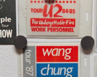 U2 Tour 1984/1985, The Unforgettable Fire, Work Personnel pass and Wang Chung, Tour '87 pass, detail of collection of 1980s/1990s backstage concert passes